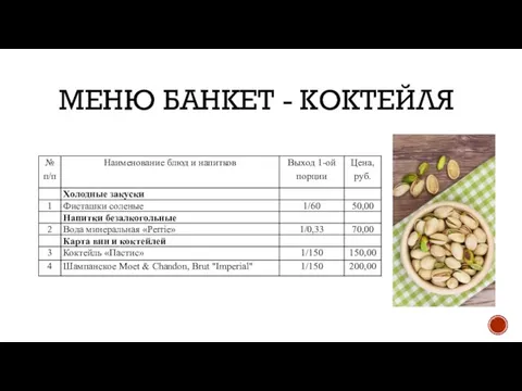 МЕНЮ БАНКЕТ - КОКТЕЙЛЯ