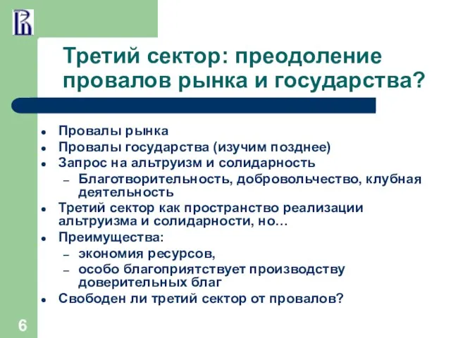 Третий сектор: преодоление провалов рынка и государства? Провалы рынка Провалы государства