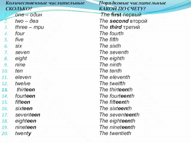 Количественные числительные СКОЛЬКО? one – один two – два three –