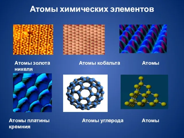 Атомы химических элементов Атомы платины Атомы углерода Атомы кремния Атомы золота Атомы кобальта Атомы никеля