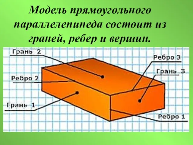 Модель прямоугольного параллелепипеда состоит из граней, ребер и вершин.
