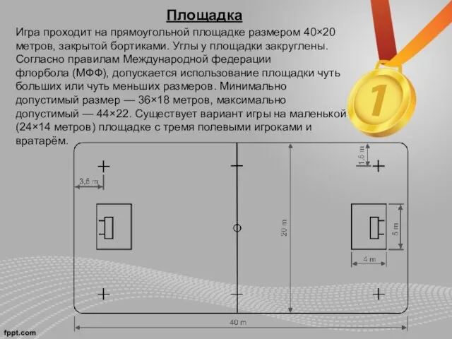 Площадка Игра проходит на прямоугольной площадке размером 40×20 метров, закрытой бортиками.