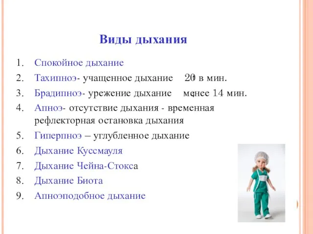 Виды дыхания Спокойное дыхание Тахипноэ- учащенное дыхание 20 в мин. Брадипноэ-