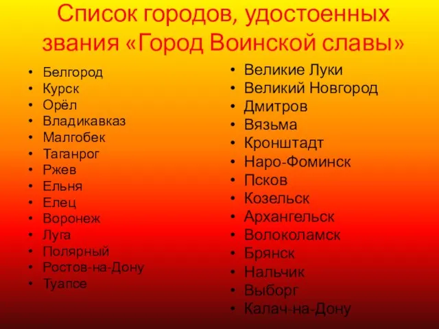 Список городов, удостоенных звания «Город Воинской славы» Белгород Курск Орёл Владикавказ