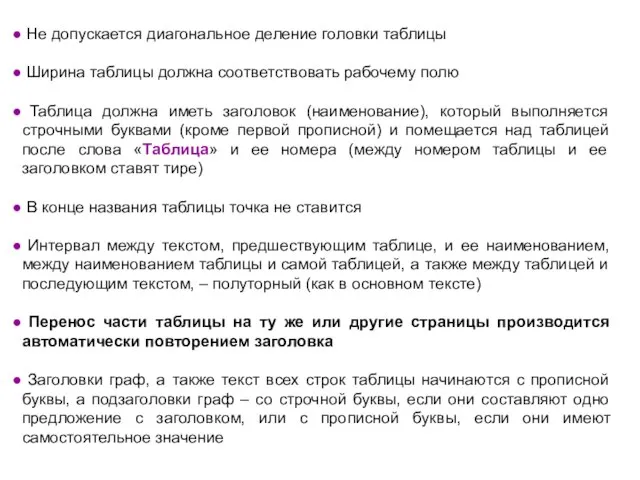 Не допускается диагональное деление головки таблицы Ширина таблицы должна соответствовать рабочему