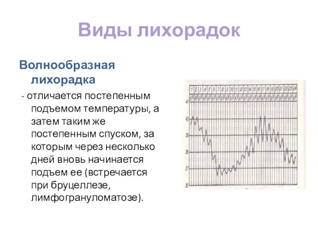 Виды лихорадок Волнообразная лихорадка - отличается постепенным подъемом температуры, а затем