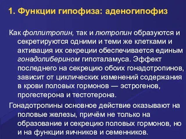 1. Функции гипофиза: аденогипофиз Как фоллитропин, так и лютропин образуются и