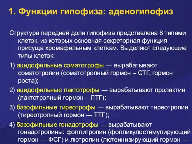 1. Функции гипофиза: аденогипофиз Структура передней доли гипофиза представлена 8 типами