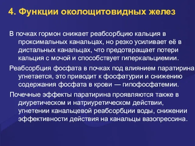 4. Функции околощитовидных желез В почках гормон снижает реабсорбцию кальция в