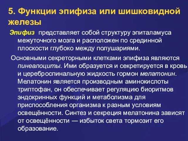 5. Функции эпифиза или шишковидной железы Эпифиз представляет собой структуру эпиталамуса