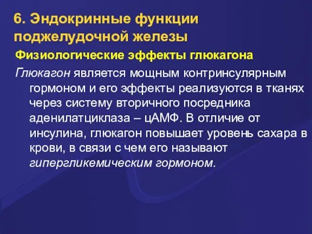 6. Эндокринные функции поджелудочной железы Физиологические эффекты глюкагона Глюкагон является мощным