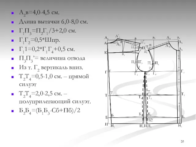 А2в=4,0-4,5 см. Длина вытачки 6,0-8,0 см. Г1П3=П2Г1/3+2,0 см. Г1Г2=0,5*Шпр. Г11=0,2*Г1Г4+0,5 см.