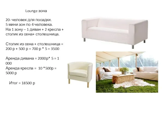 Lounge зона 20- человек для посадки. 5 мини зон по 4