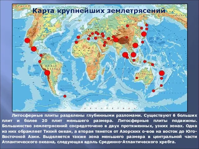 Литосферные плиты разделены глубинными разломами. Существуют 6 больших плит и более