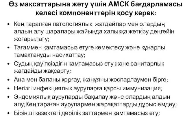 Өз мақсаттарына жету үшін АМСК бағдарламасы келесі компоненттерін қосу керек: Кең