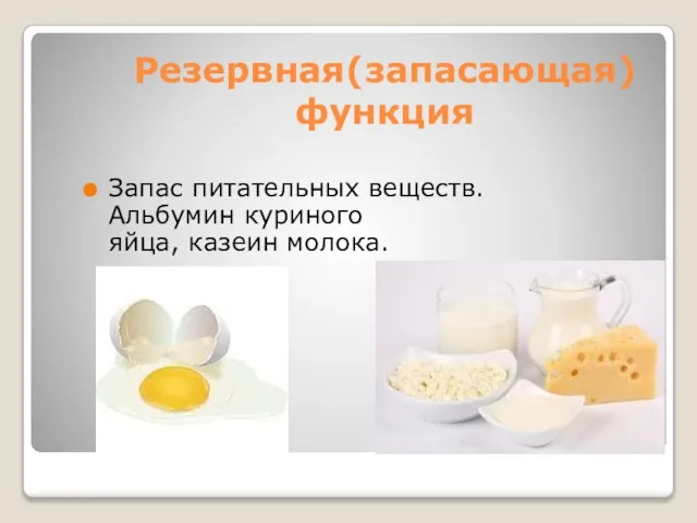 Резервная(запасающая) функция Запас питательных веществ. Альбумин куриного яйца, казеин молока.