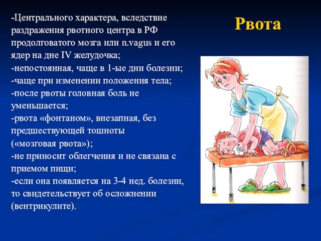 Рвота -Центрального характера, вследствие раздражения рвотного центра в РФ продолговатого мозга