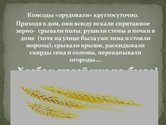 Комсоды «орудовали» круглосуточно. Приходя в дом, они всюду искали спрятанное зерно-