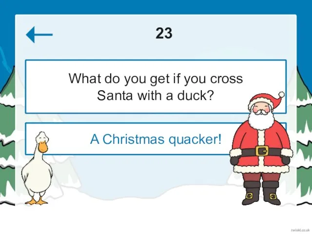 23 A Christmas quacker! What do you get if you cross Santa with a duck?