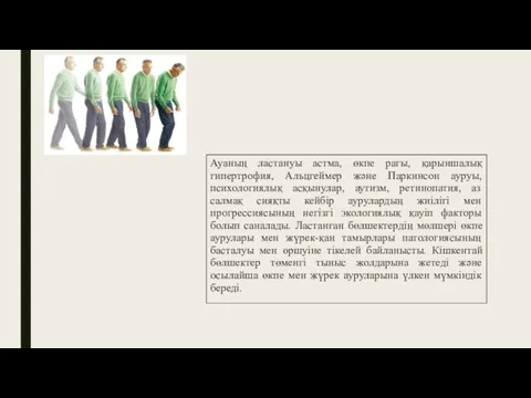 Ауаның ластануы астма, өкпе рагы, қарыншалық гипертрофия, Альцгеймер және Паркинсон ауруы,