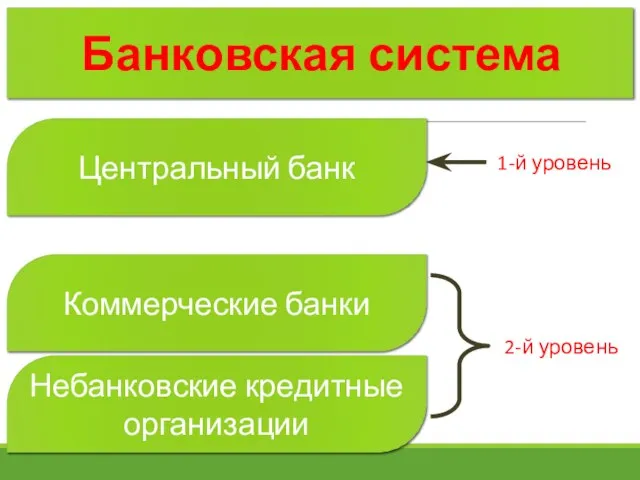 Центральный банк Коммерческие банки Небанковские кредитные организации Банковская система 1-й уровень 2-й уровень