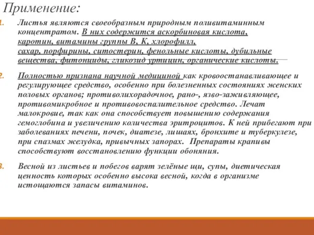 Применение: Листья являются своеобразным природным поливитаминным концентратом. В них содержится аскорбиновая