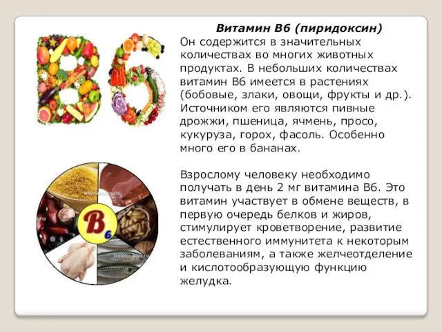 Витамин В6 (пиридоксин) Он содержится в значительных количествах во многих животных