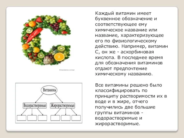 Каждый витамин имеет буквенное обозначение и соответствующее ему химическое название или