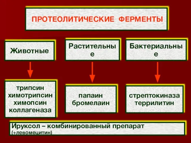 ПРОТЕОЛИТИЧЕСКИЕ ФЕРМЕНТЫ Животные Растительные Бактериальные трипсин химотрипсин химопсин коллагеназа папаин бромелаин