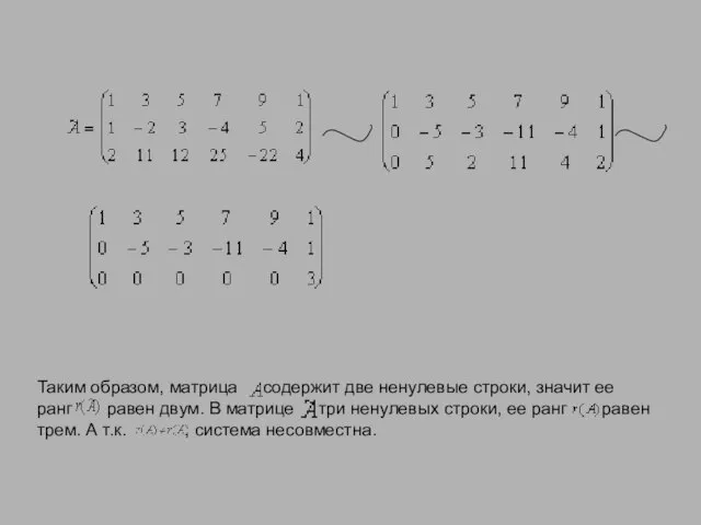 Таким образом, матрица содержит две ненулевые строки, значит ее ранг равен