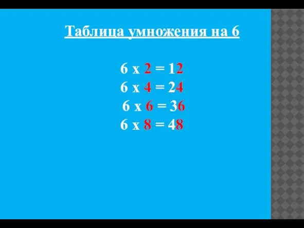 Таблица умножения на 6 6 х 2 = 12 6 х