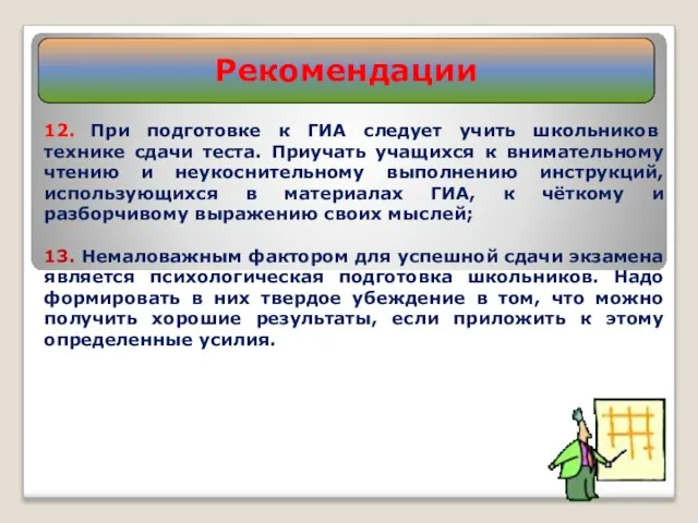 Рекомендации 12. При подготовке к ГИА следует учить школьников технике сдачи