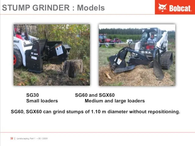 STUMP GRINDER : Models SG30 SG60 and SGX60 Small loaders Medium