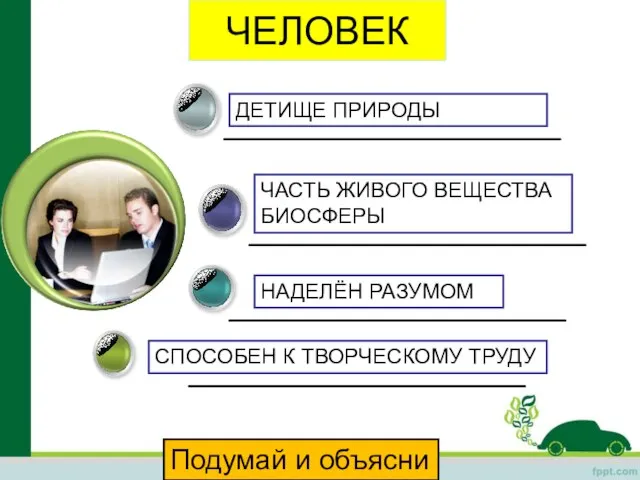 ЧЕЛОВЕК ЧАСТЬ ЖИВОГО ВЕЩЕСТВА БИОСФЕРЫ НАДЕЛЁН РАЗУМОМ СПОСОБЕН К ТВОРЧЕСКОМУ ТРУДУ ДЕТИЩЕ ПРИРОДЫ Подумай и объясни