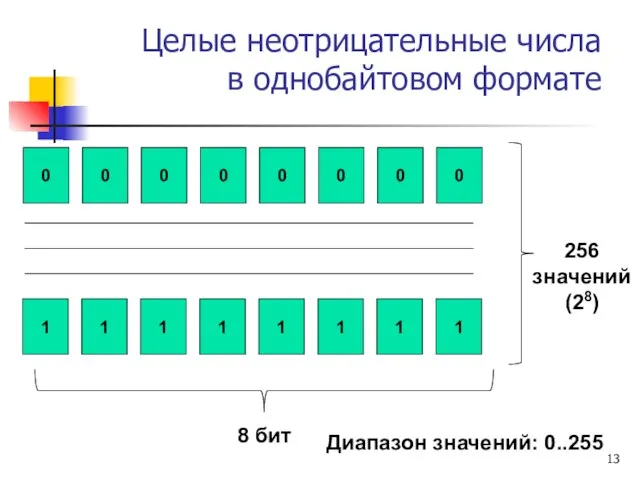 Целые неотрицательные числа в однобайтовом формате Диапазон значений: 0..255