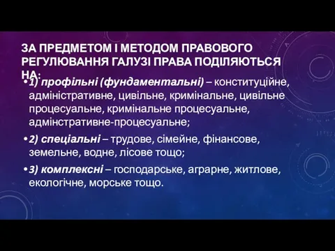 ЗА ПРЕДМЕТОМ І МЕТОДОМ ПРАВОВОГО РЕГУЛЮВАННЯ ГАЛУЗІ ПРАВА ПОДІЛЯЮТЬСЯ НА: 1)