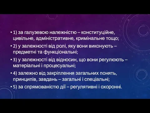 1) за галузевою належністю – конституційне, цивільне, адміністративне, кримінальне тощо; 2)