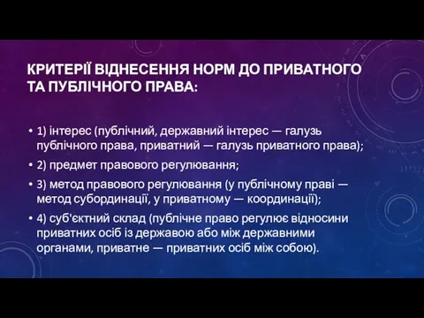 КРИТЕРІЇ ВІДНЕСЕННЯ НОРМ ДО ПРИВАТНОГО ТА ПУБЛІЧНОГО ПРАВА: 1) інтерес (публічний,