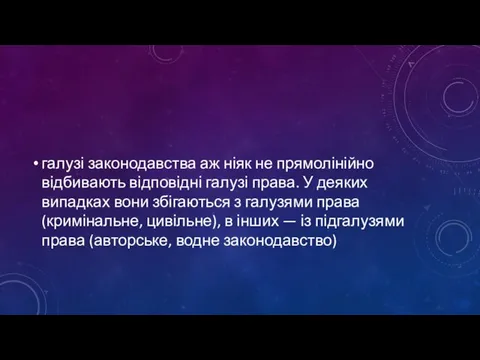 галузі законодавства аж ніяк не прямолінійно відбивають відповідні галузі права. У