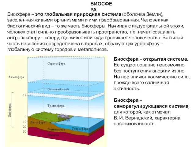 БИОСФЕРА Биосфера – это глобальная природная система (оболочка Земли), заселенная живыми