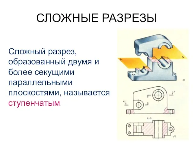 СЛОЖНЫЕ РАЗРЕЗЫ Сложный разрез, образованный двумя и более секущими параллельными плоскостями, называется ступенчатым.