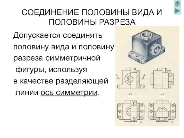 СОЕДИНЕНИЕ ПОЛОВИНЫ ВИДА И ПОЛОВИНЫ РАЗРЕЗА Допускается соединять половину вида и