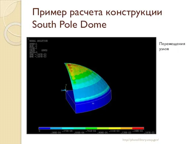 Пример расчета конструкции South Pole Dome http://photolibrary.usap.gov/ Перемещения узлов