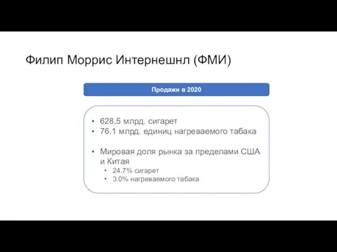 Филип Моррис Интернешнл (ФМИ) 628.5 млрд. сигарет 76.1 млрд. единиц нагреваемого