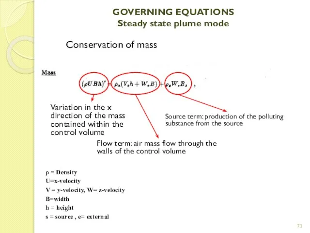 GOVERNING EQUATIONS Steady state plume mode Conservation of mass Variation in