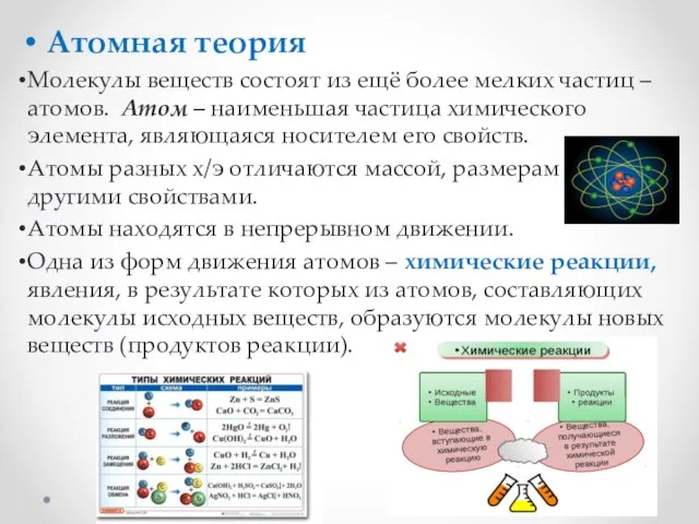 Атомная теория Молекулы веществ состоят из ещё более мелких частиц –