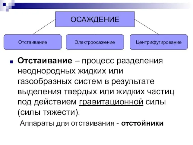 Отстаивание – процесс разделения неоднородных жидких или газообразных систем в результате