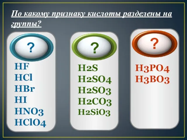 По какому признаку кислоты разделены на группы? HF HCl HBr HI
