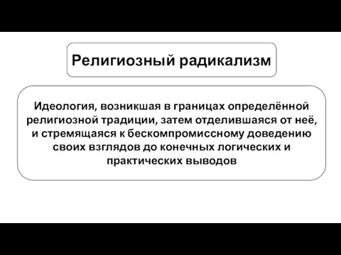 Религиозный радикализм Идеология, возникшая в границах определённой религиозной традиции, затем отделившаяся