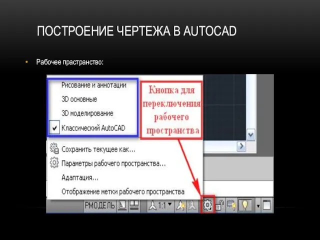 ПОСТРОЕНИЕ ЧЕРТЕЖА В AUTOCAD Рабочее прастранство: